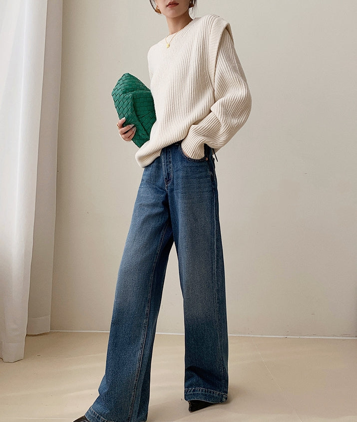 White Textured Knit Sweater with Layered Look
