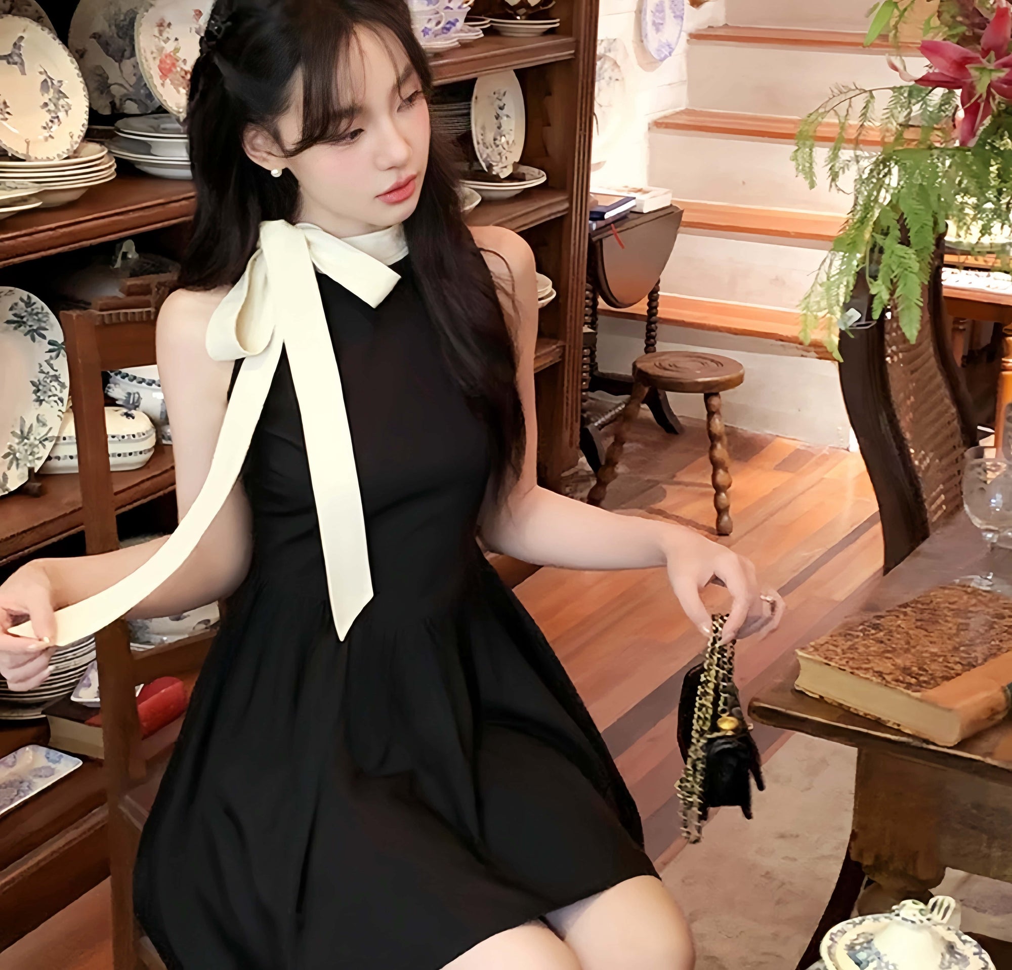 Vintage Hepburn-Style Slim Dress with Oversized Bow