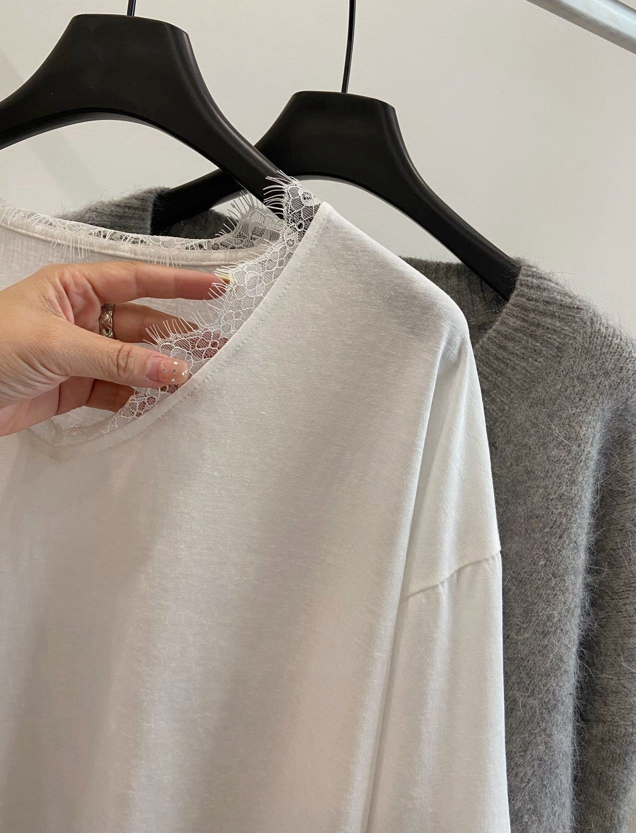 High-GSM cotton-feel V-neck tee with elegant lace trim.