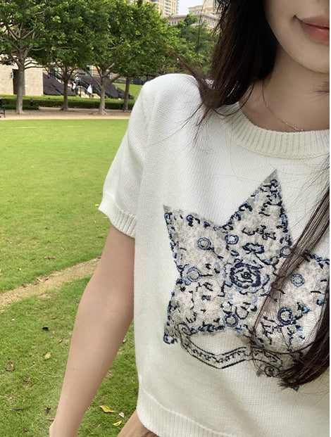 Luxurious Embroidered Slim-Fit Crewneck Knit Top