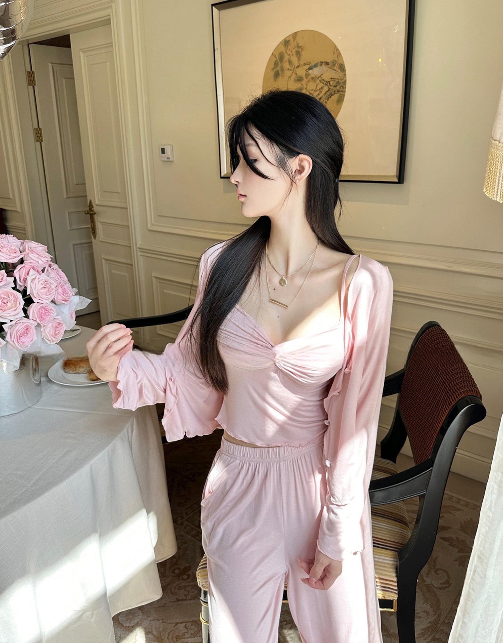 Modal Camisole Set with Sexy Built-in Bra Pads, Three-piece Home Wear Set