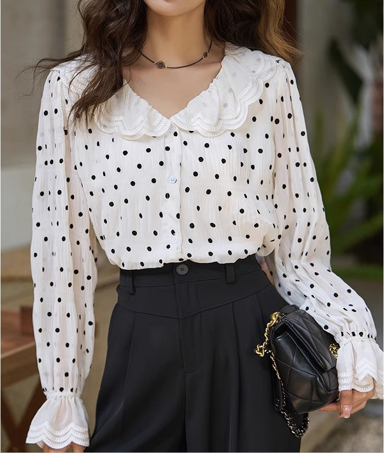 Flocking Polka Dot Doll Lapel Top