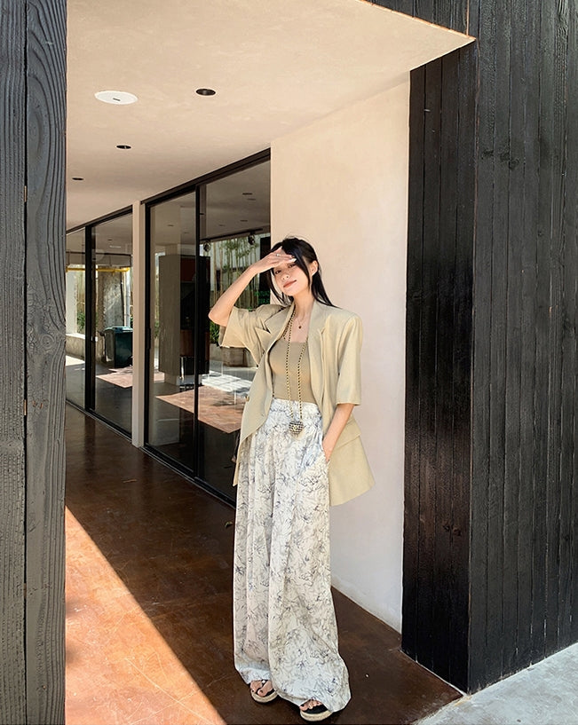 Summer Ink Print Wide-Leg Pants