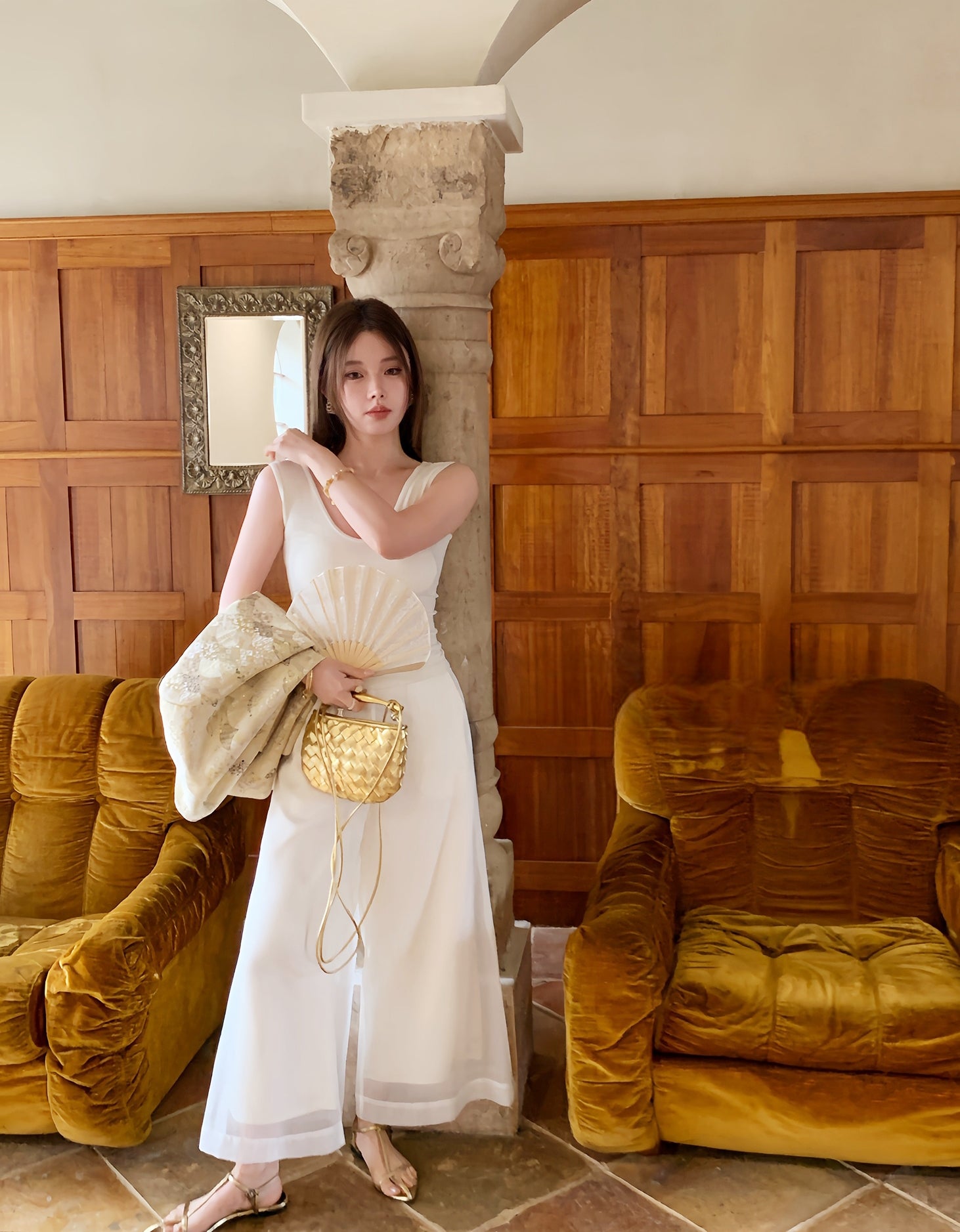 Vintage Chinese-Style Flowing Double-Layer Gauze Nine-Point Wide-Leg Culottes