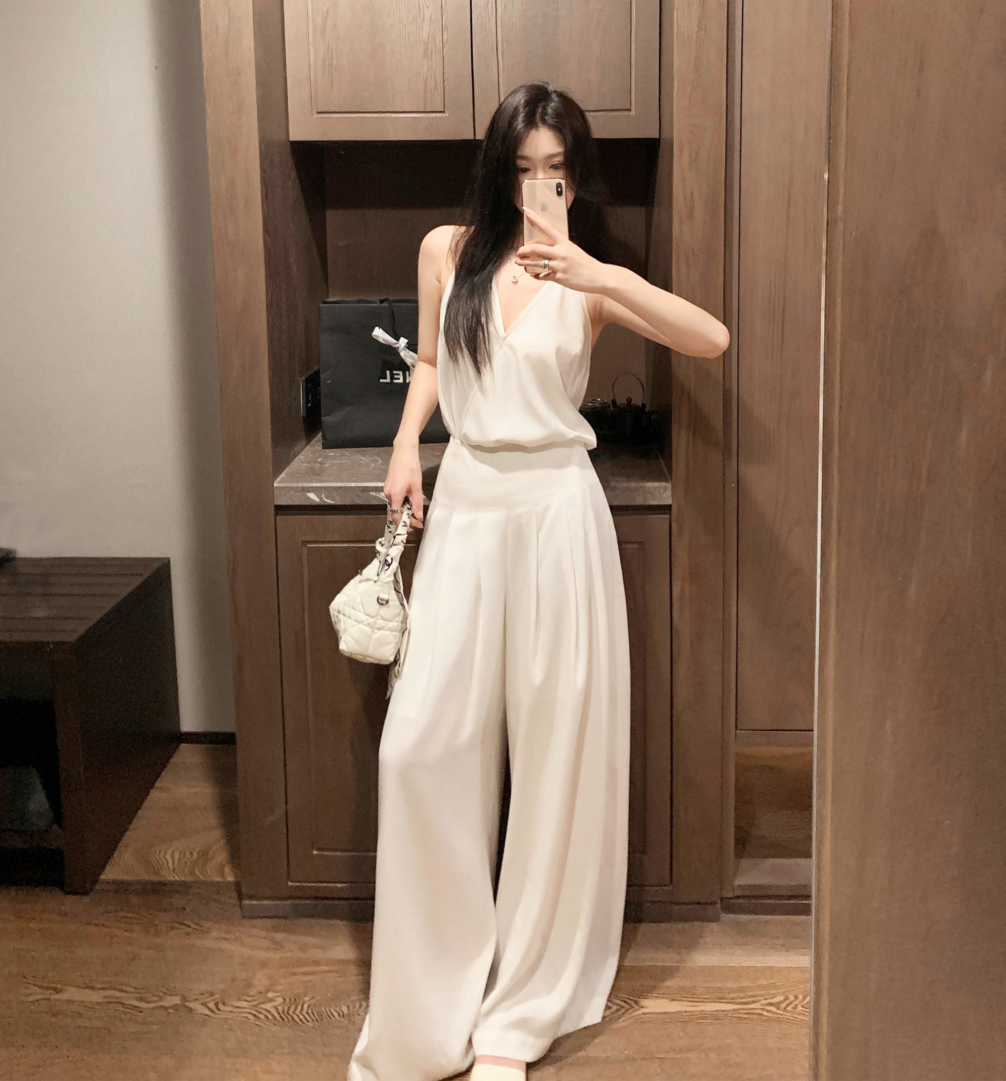 Sleeveless Halter Slit Top Tie Waist Wide Leg Pants Set