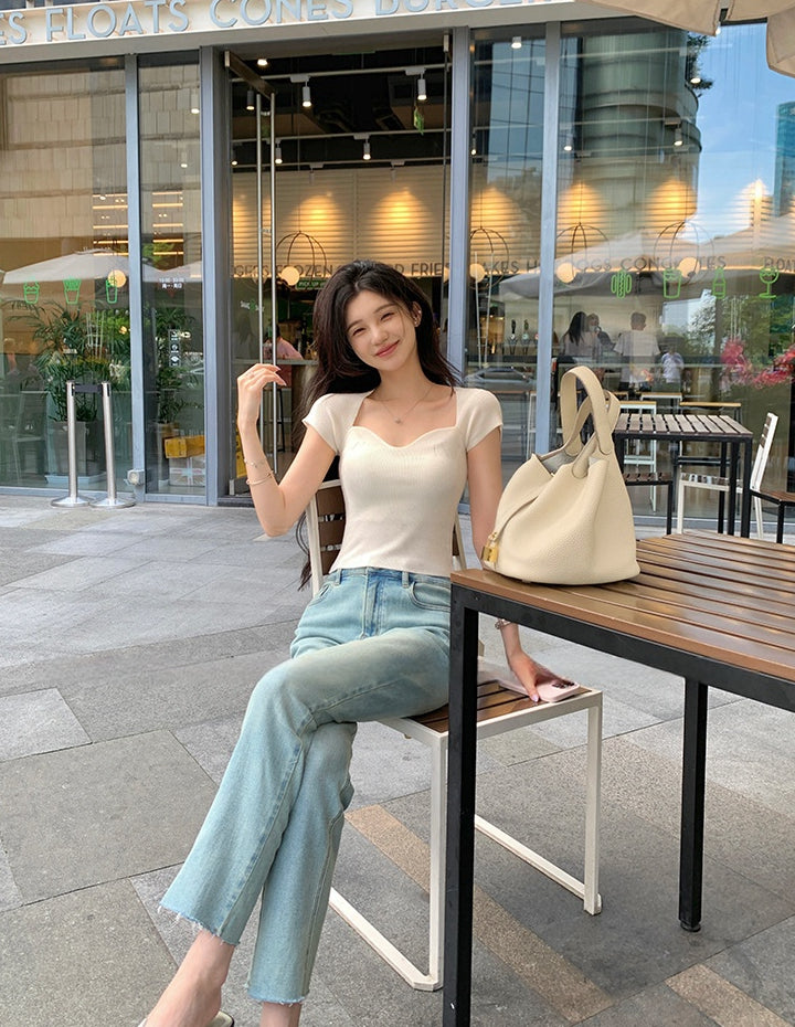 Petal Square Neck Vintage Knit Short Sleeve Top