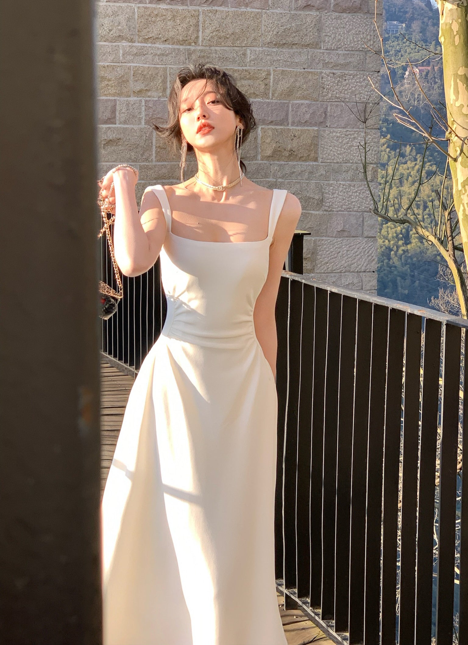 French Square Neck With Waist and Halter Dress