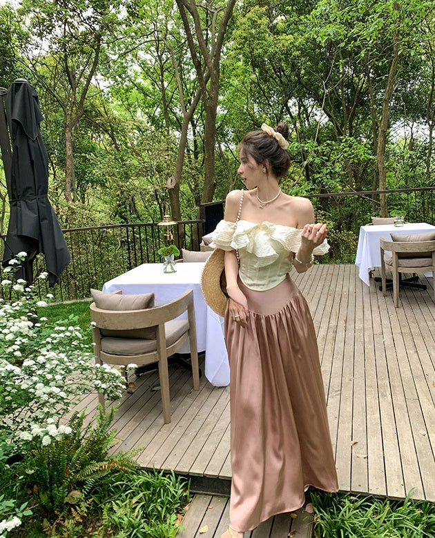 Satin Long Skirt + Line Neck Top