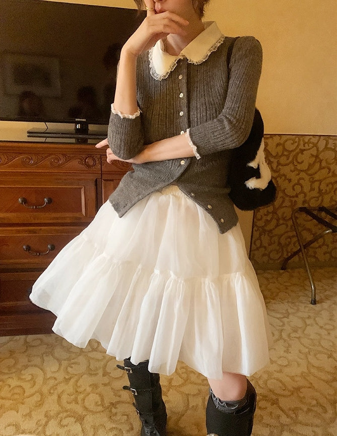 Doll Collar Slim-Fit Knit Cardigan with Mid Sleeves