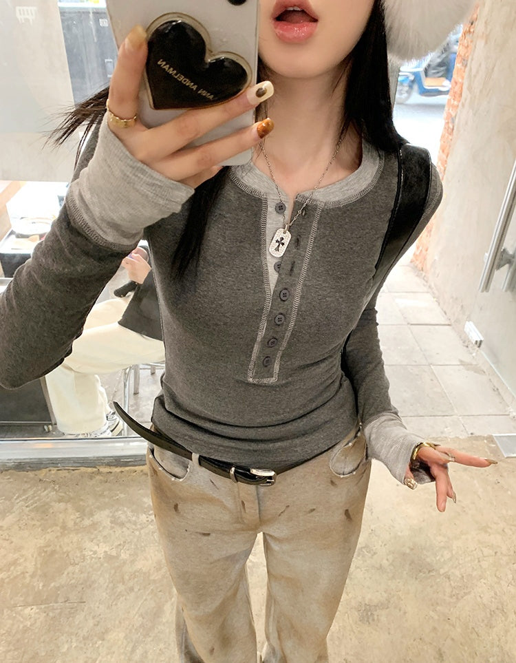 Contrast Patchwork Knit Long-Sleeve Tee