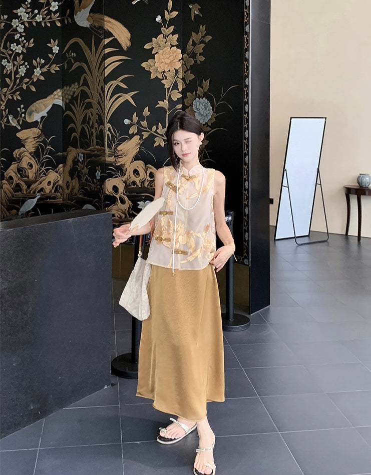 New Chinese Style Zen 2-Piece Set with Stand Collar Embroidered Top + Cami Dress