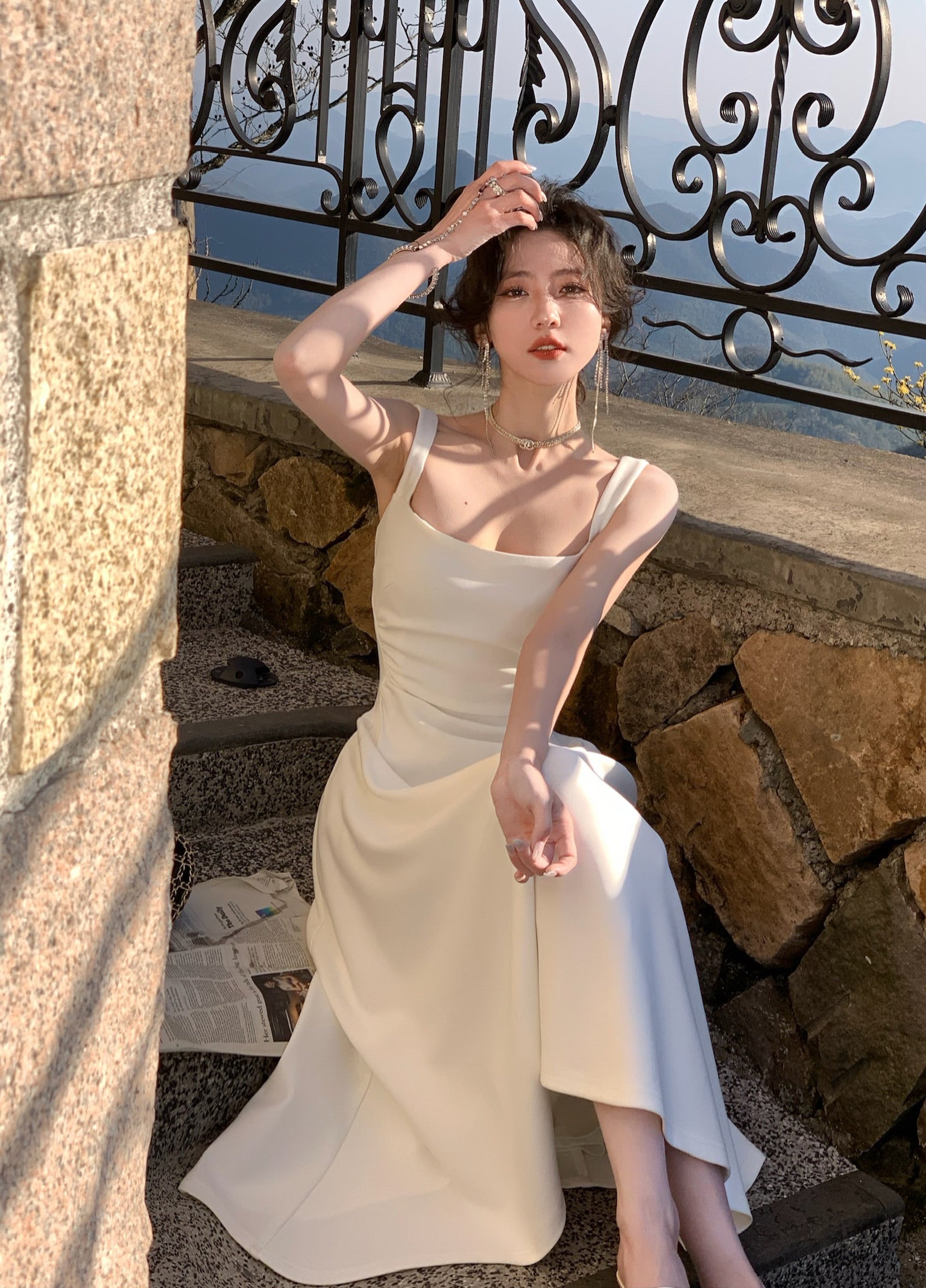 French Square Neck With Waist and Halter Dress