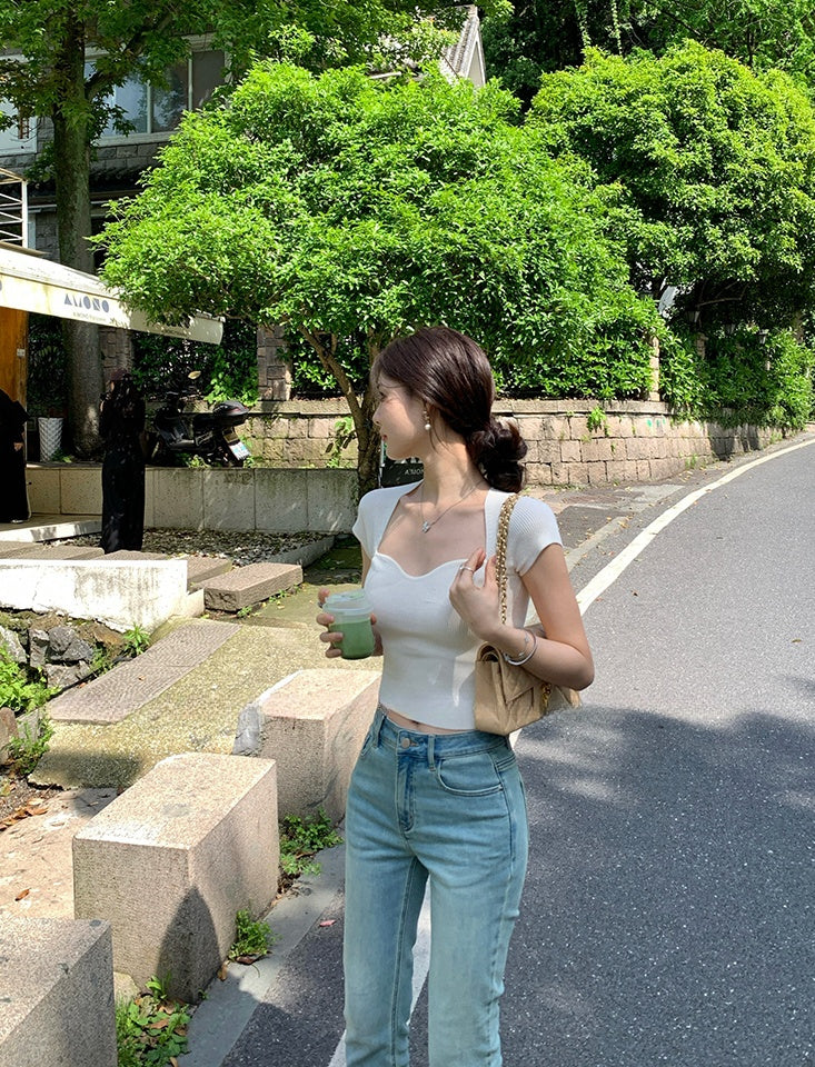 Petal Square Neck Vintage Knit Short Sleeve Top