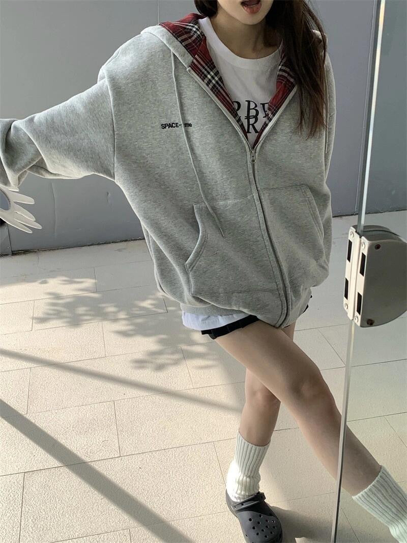 American BM Style Grey Plaid Fleece Hoodie (450g)