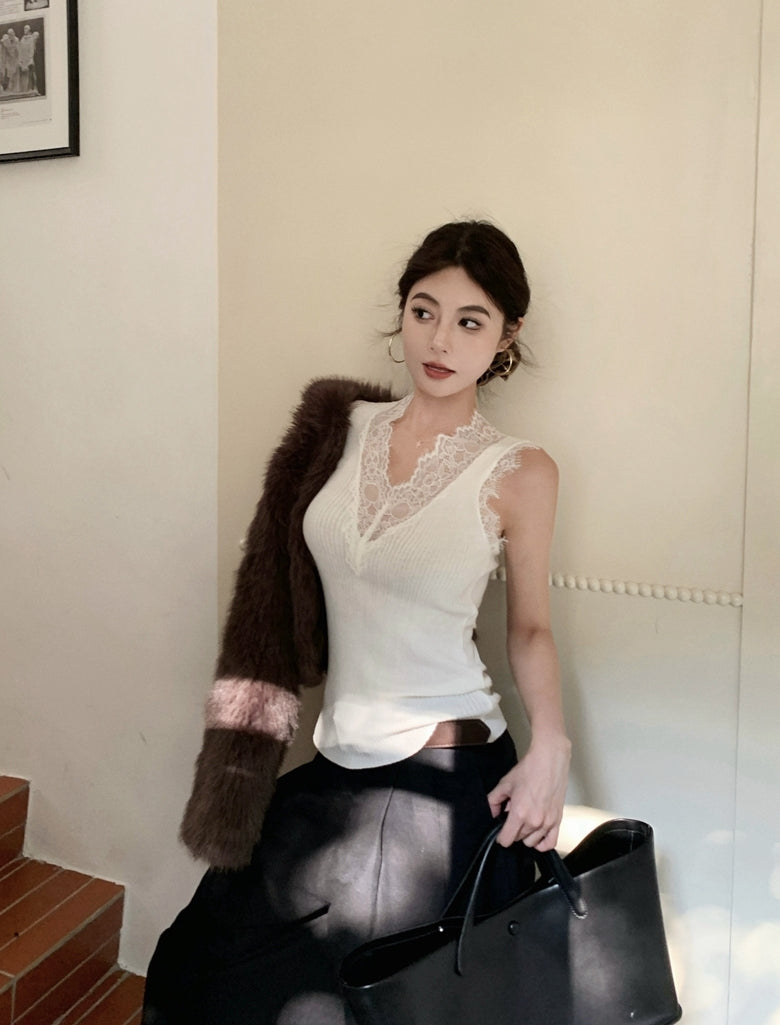 Lace Patchwork Knit Tank Top