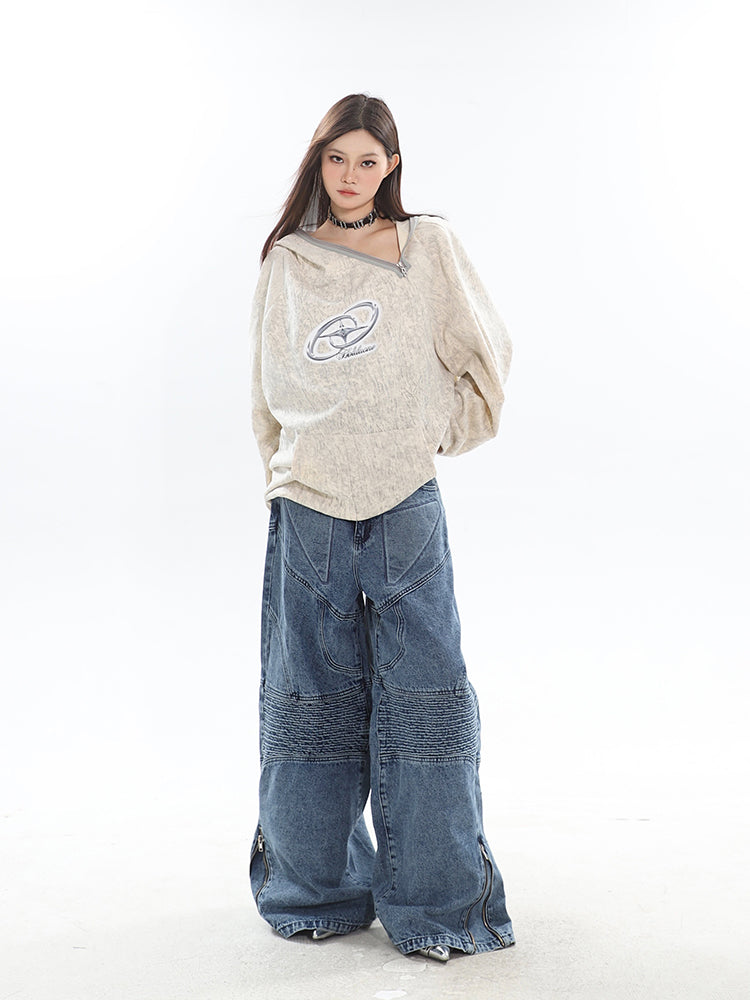 Spring/Summer New Arrival Unique Asymmetric Zipper Off-Shoulder Sweatshirt