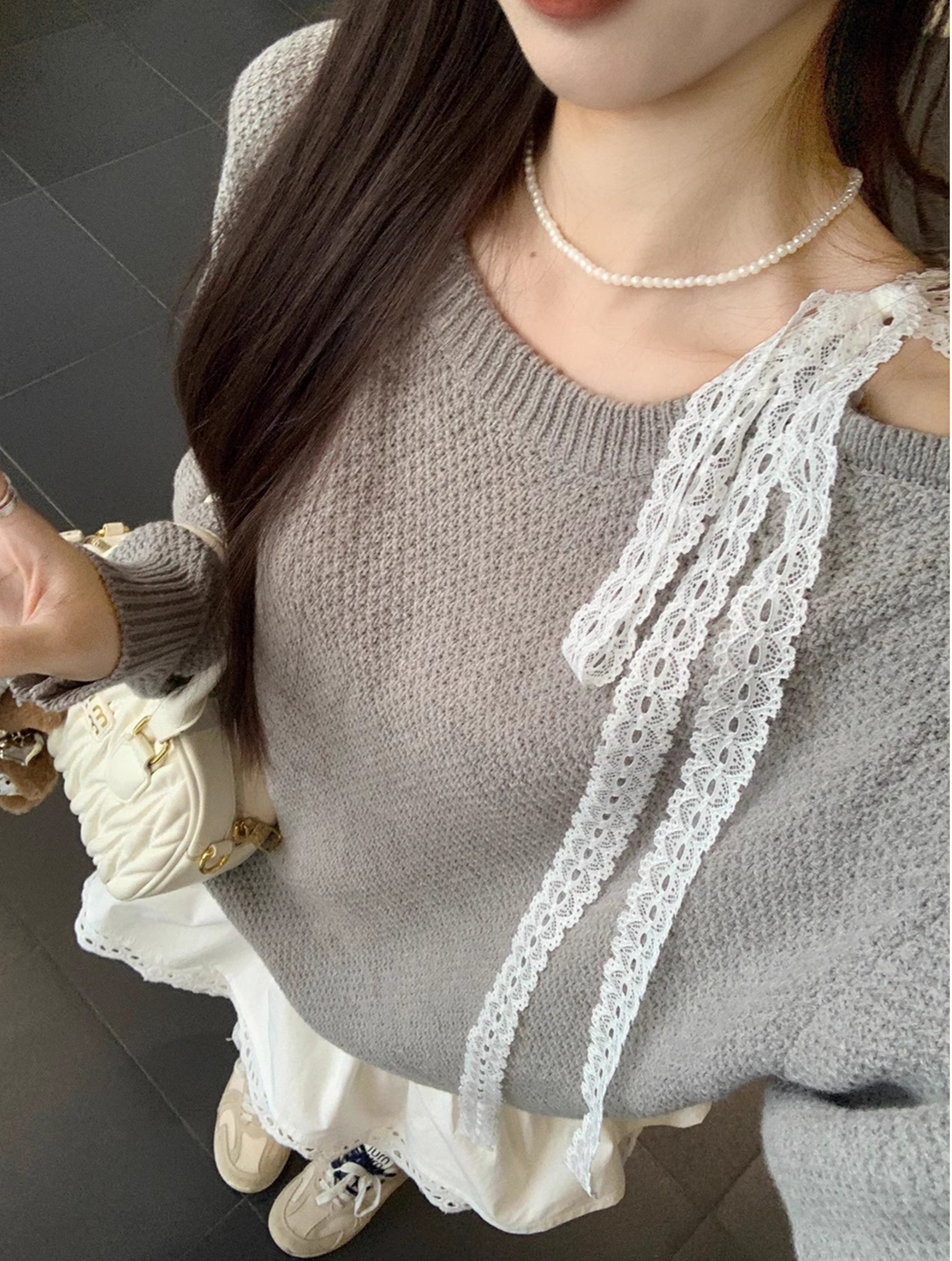 Off-Shoulder Lace Patchwork Knit Dress