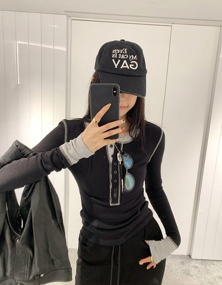 Contrast Patchwork Knit Long-Sleeve Tee