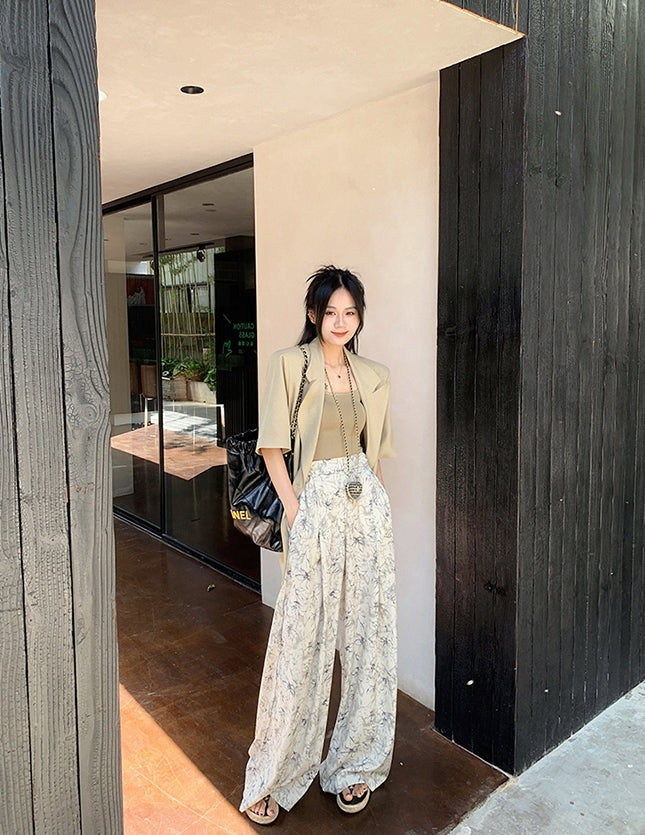 Summer Ink Print Wide-Leg Pants