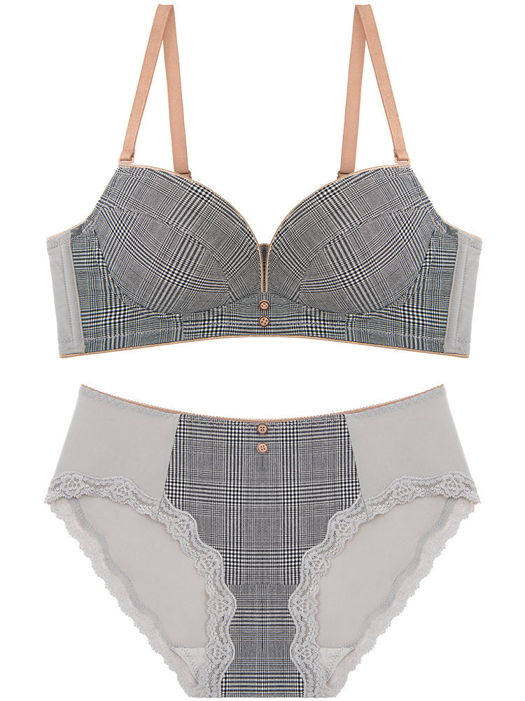 Grid Pattern Wire-Free Japanese-style Sweet Lingerie