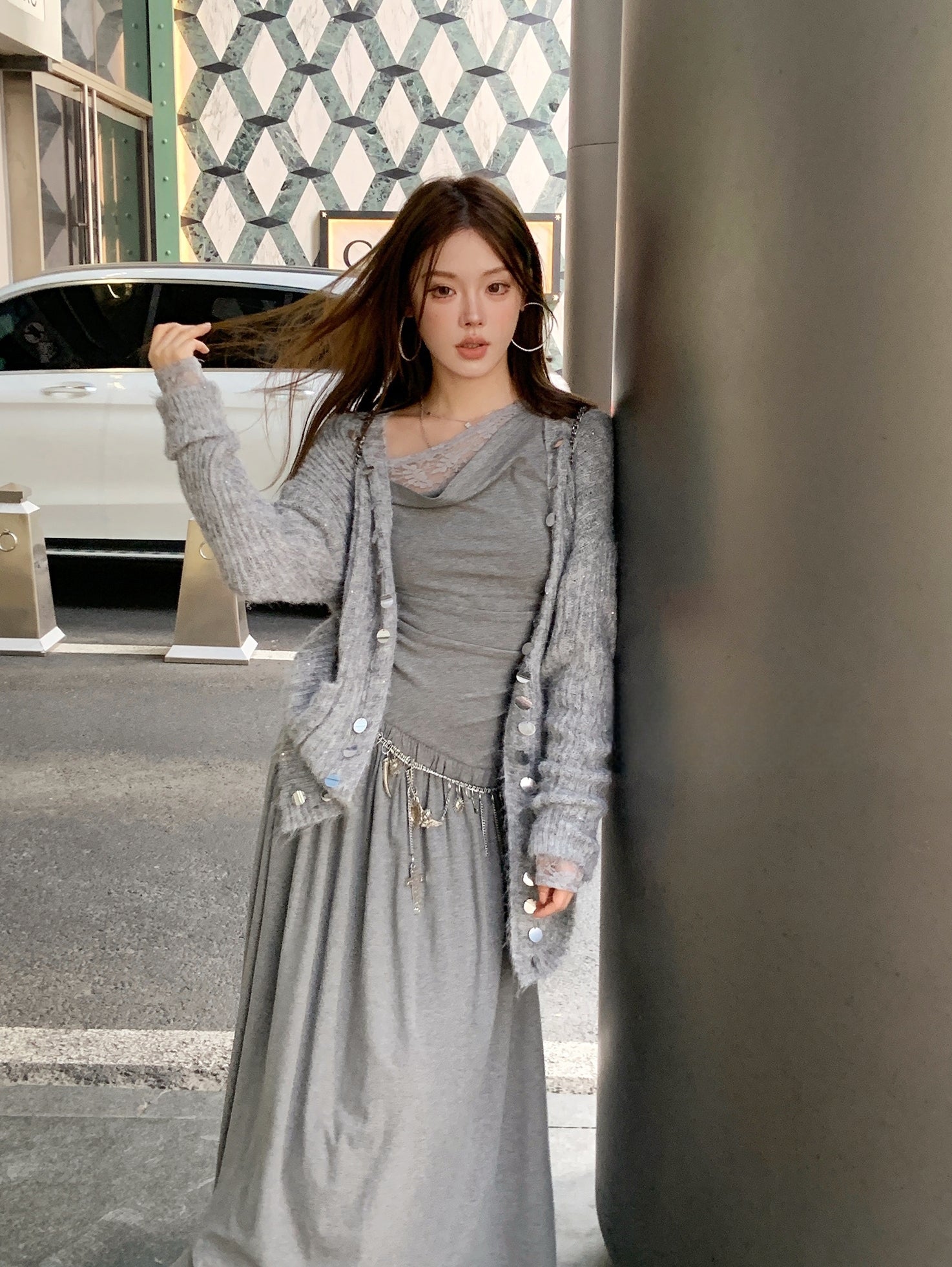 Relaxed Sequin Knit Cardigan with Sheer Details