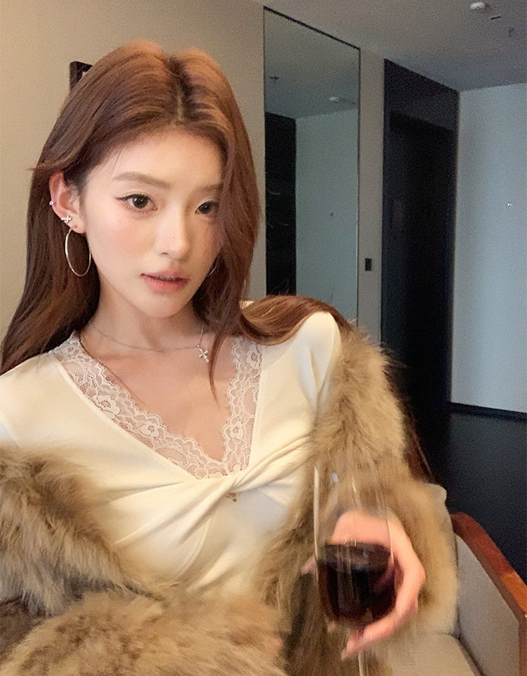 V-Neck Lace Spliced Pure Desire Knit Top