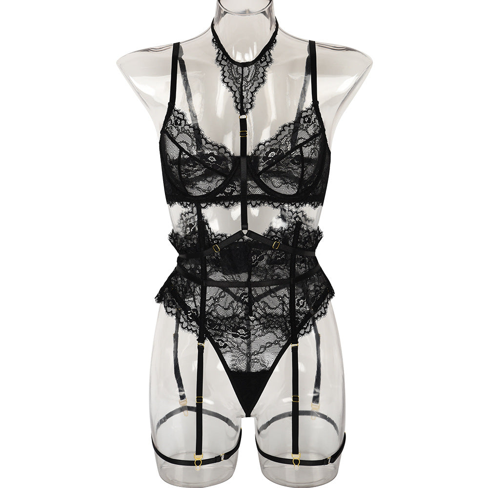 French Court-Inspired Waist-Cinching Fishbone Underwired Three-Piece Set