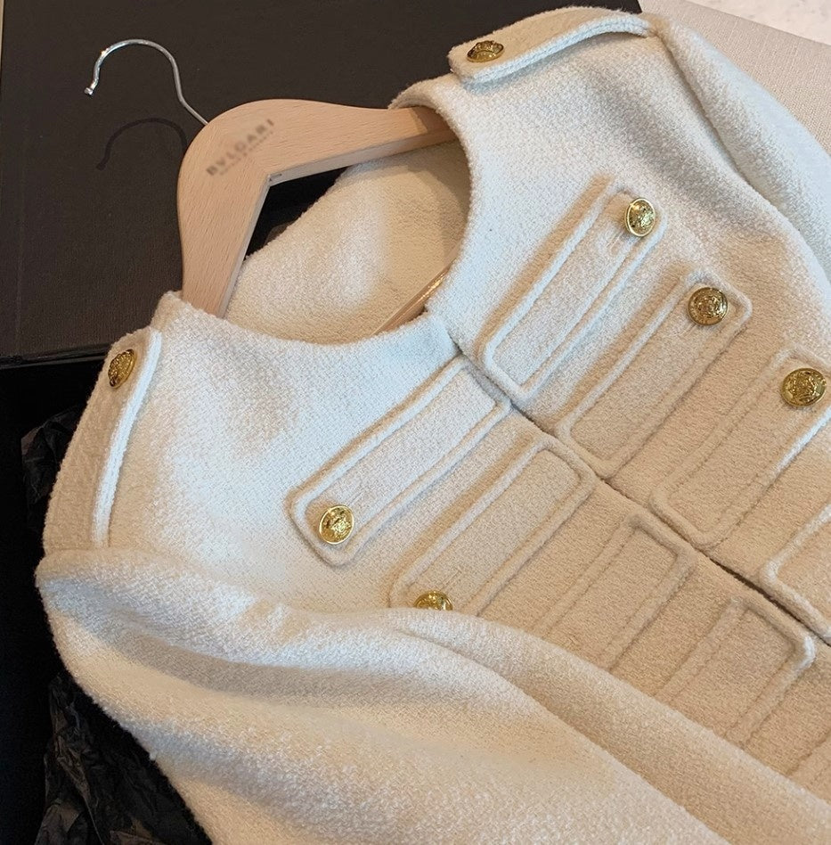 Knight Military Style Double-Breasted Gold Button Tweed Jacket