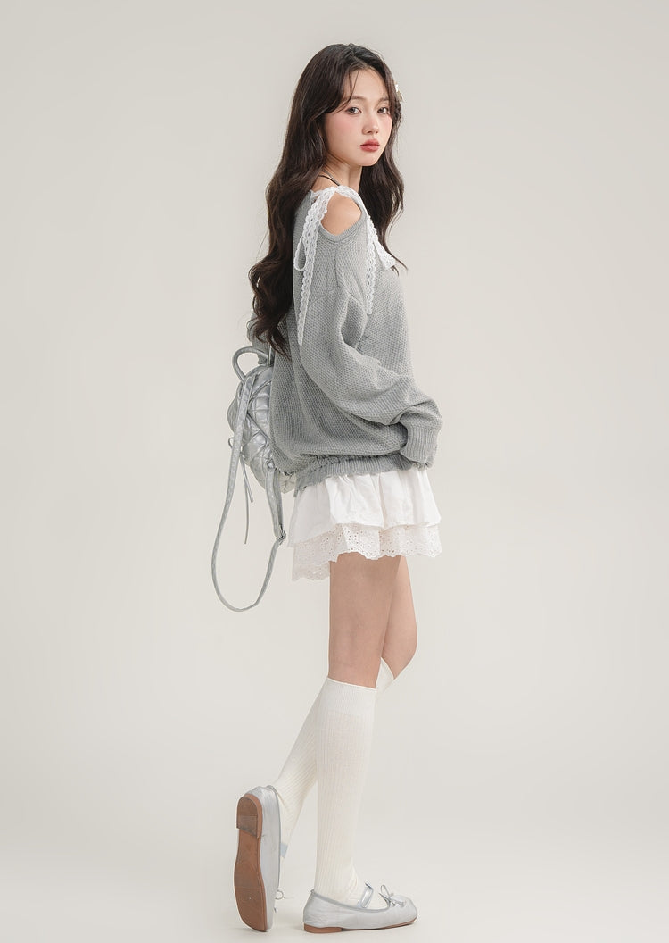 Off-Shoulder Lace Patchwork Knit Dress