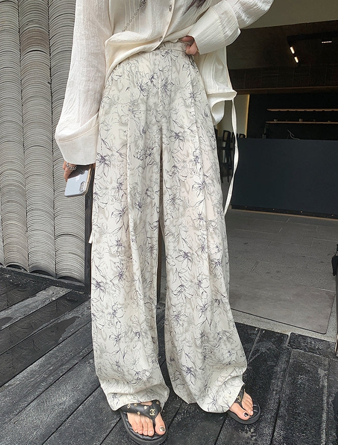 Summer Ink Print Wide-Leg Pants