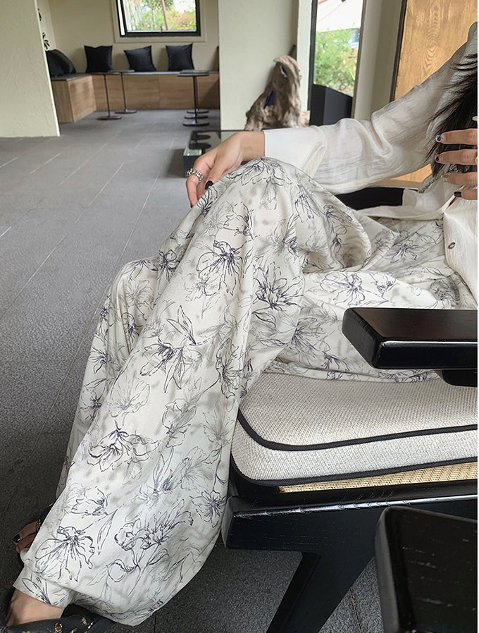 Summer Ink Print Wide-Leg Pants