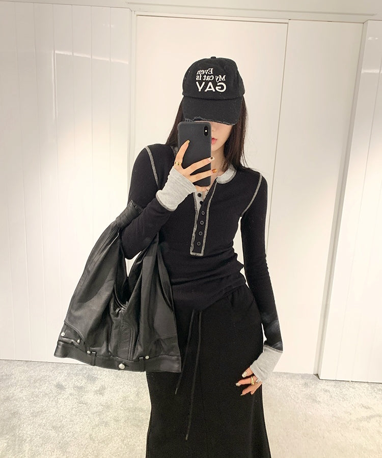 Contrast Patchwork Knit Long-Sleeve Tee