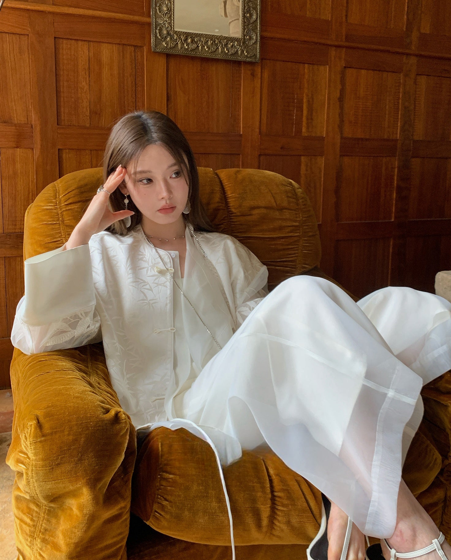 Vintage Chinese-Style Flowing Double-Layer Gauze Nine-Point Wide-Leg Culottes