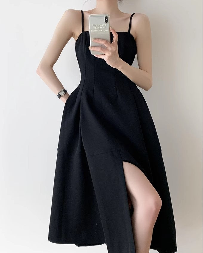 Linen Fabric Slip Dress Classic Little Black Dress