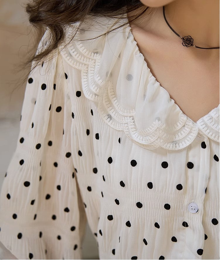 Flocking Polka Dot Doll Lapel Top