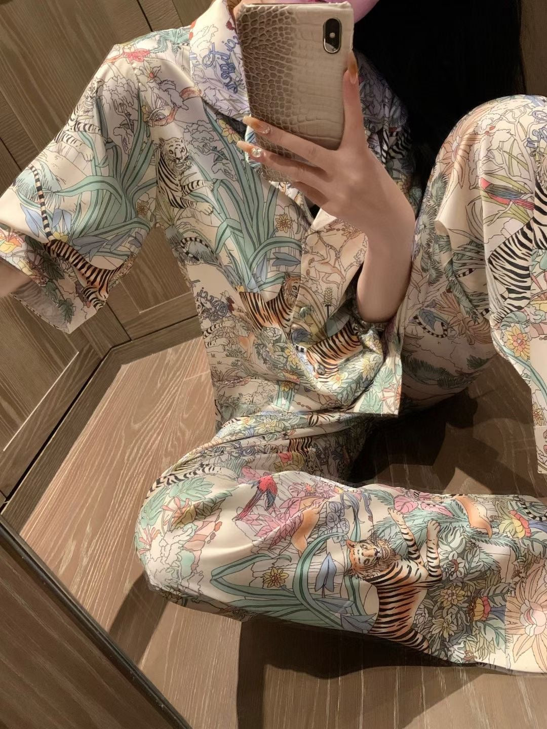 Zoo-themed faux silk pajama set