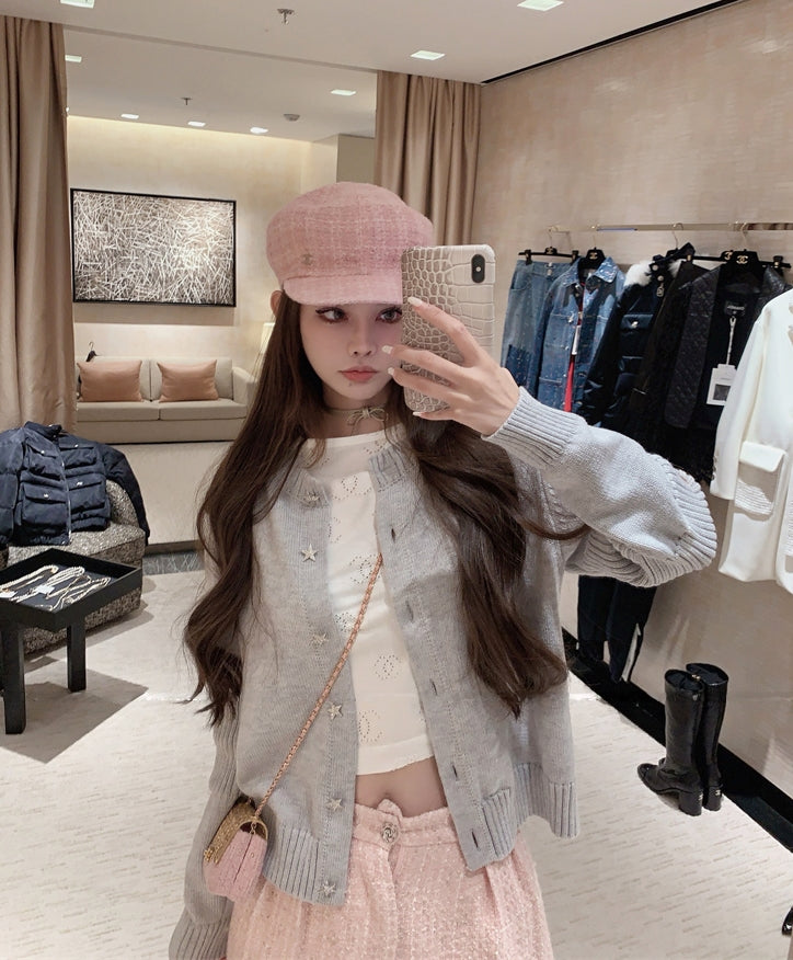 Custom Star-Shaped Rhinestone Button Knit Cardigan