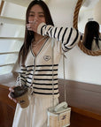 Navy Black and White Striped Cardigan