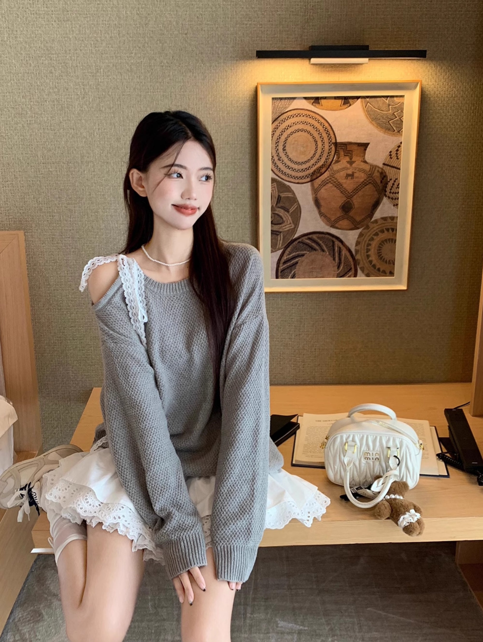 Off-Shoulder Lace Patchwork Knit Dress