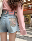 Retro Pink Woven Patch Wide-Legged Denim Shorts
