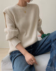 White Textured Knit Sweater with Layered Look