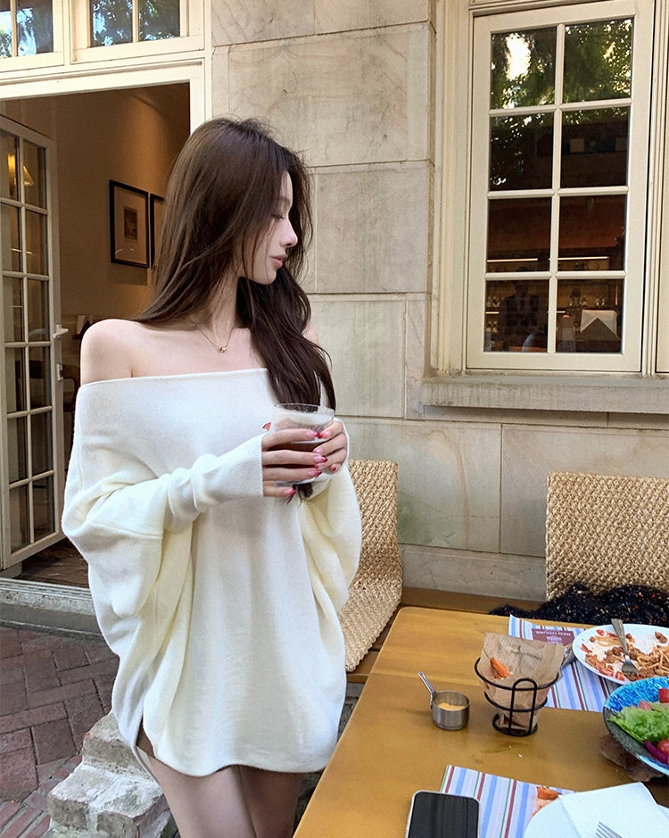 Stylish Asymmetrical Shoulder Knit Long-Sleeve Top