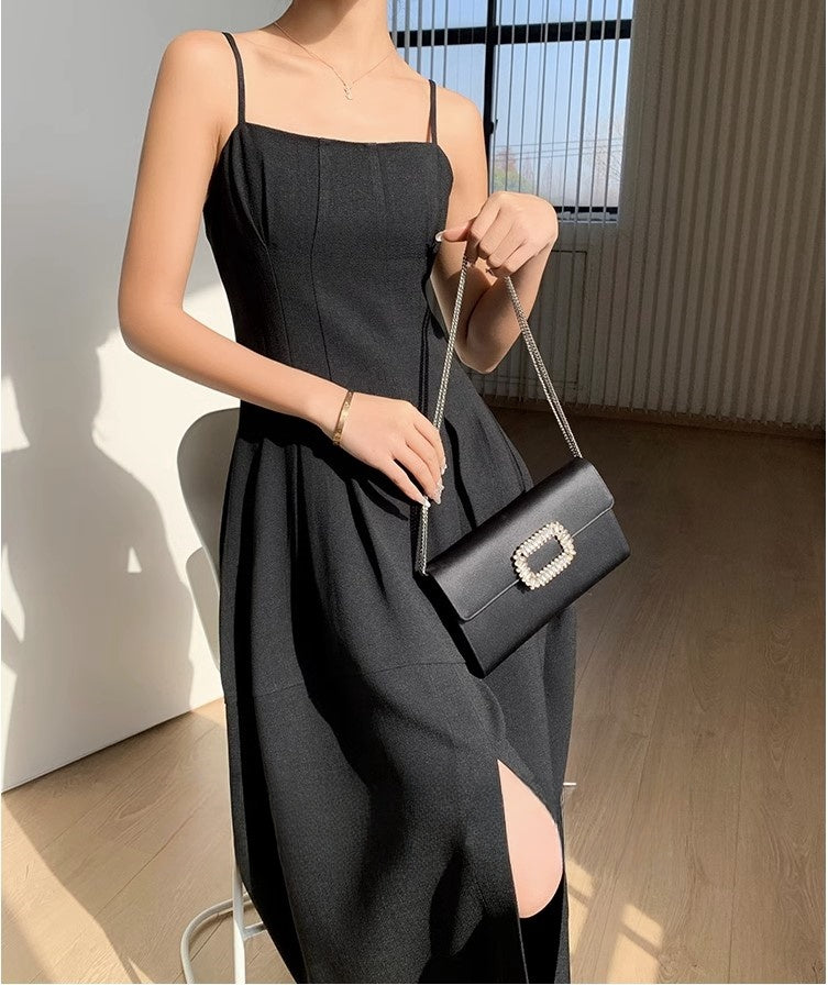 Linen Fabric Slip Dress Classic Little Black Dress