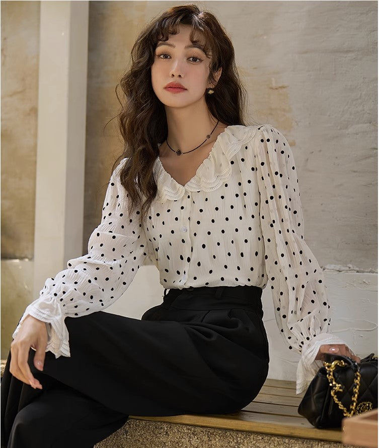 Flocking Polka Dot Doll Lapel Top