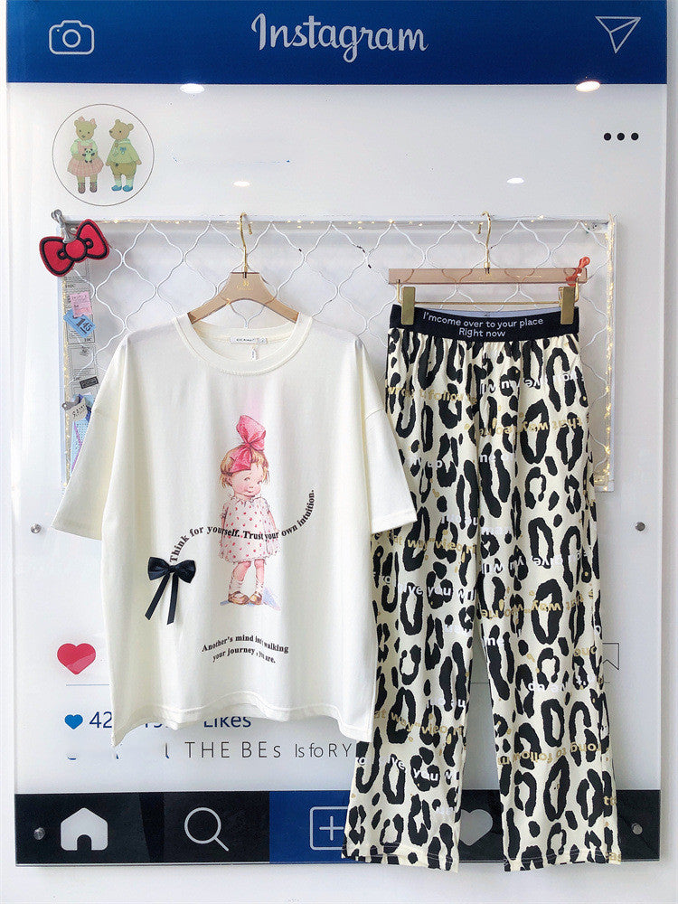 Leopard-Print Pajama Set With Sweet Bow