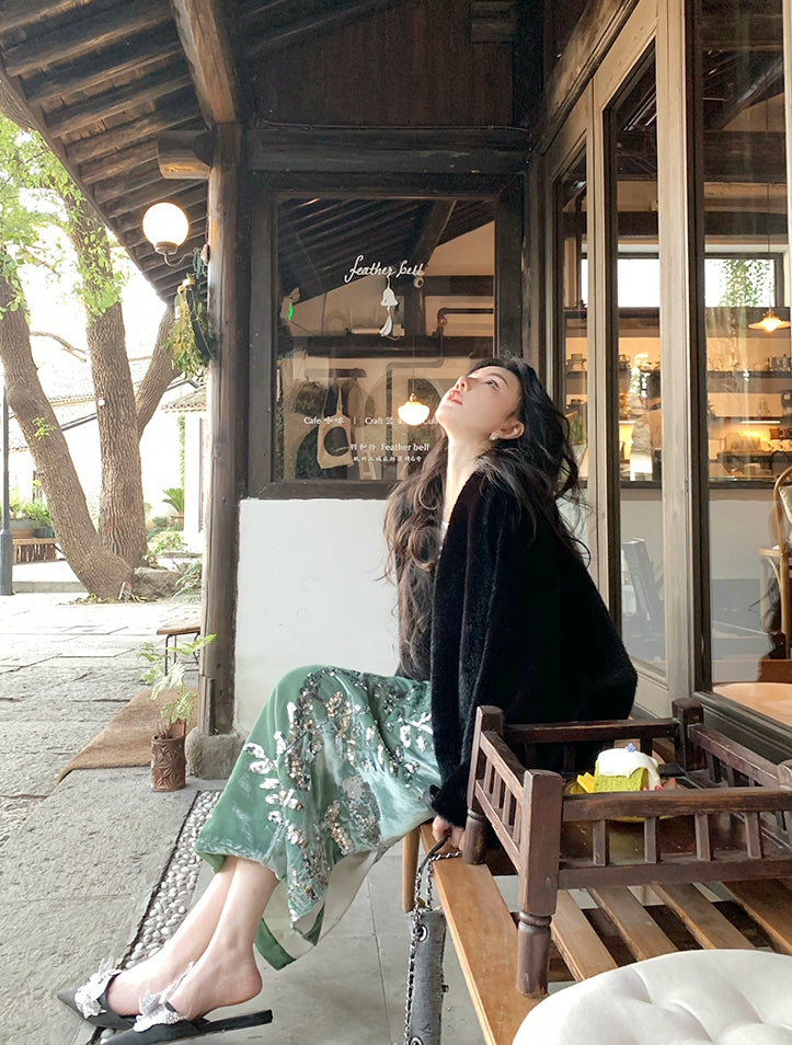 Light Luxury New Chinese-Style Velvet Sequin Midi Skirt