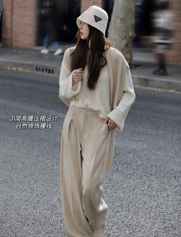 High-waisted Thickened Wool Blend Wide-leg Pants with Drape