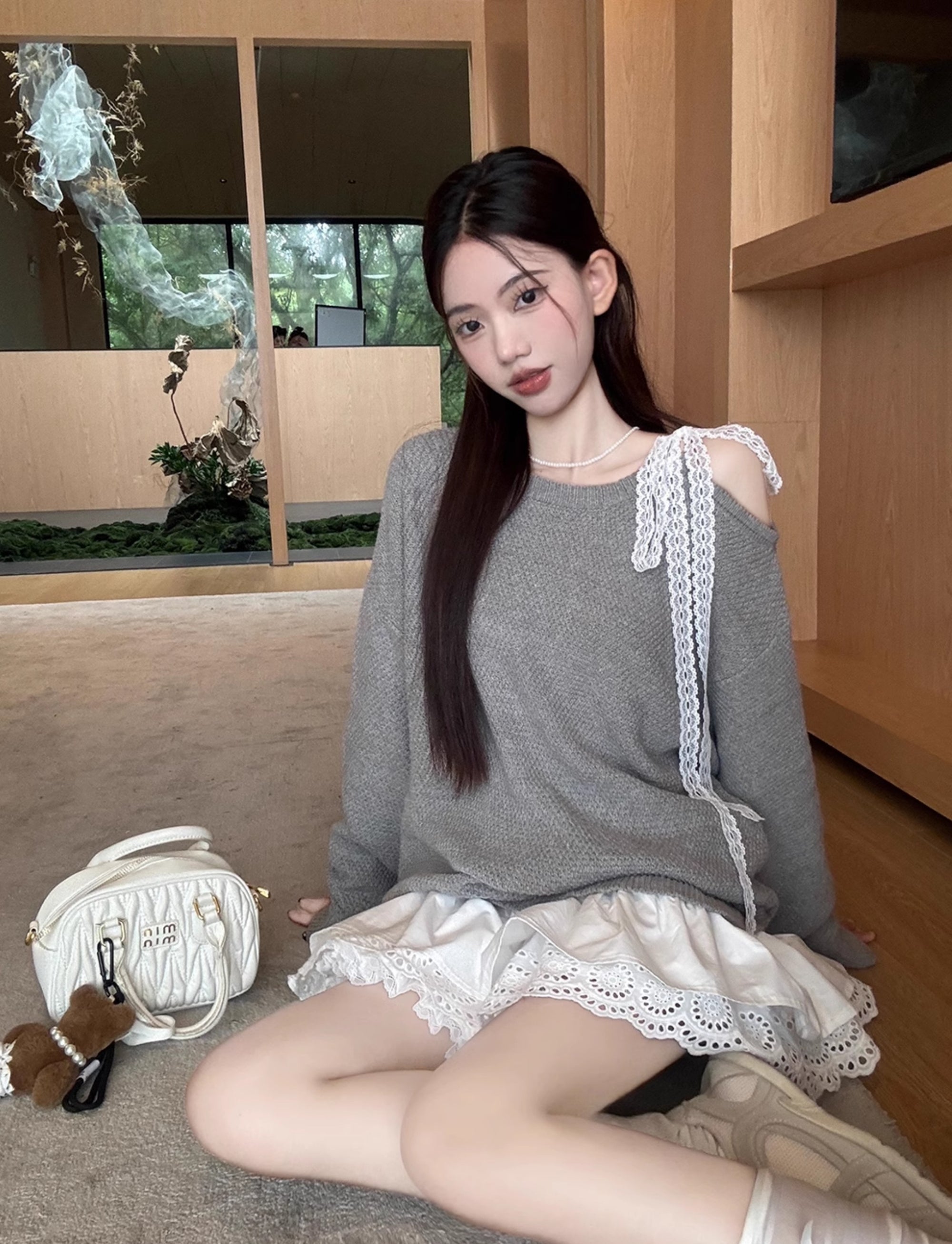 Off-Shoulder Lace Patchwork Knit Dress