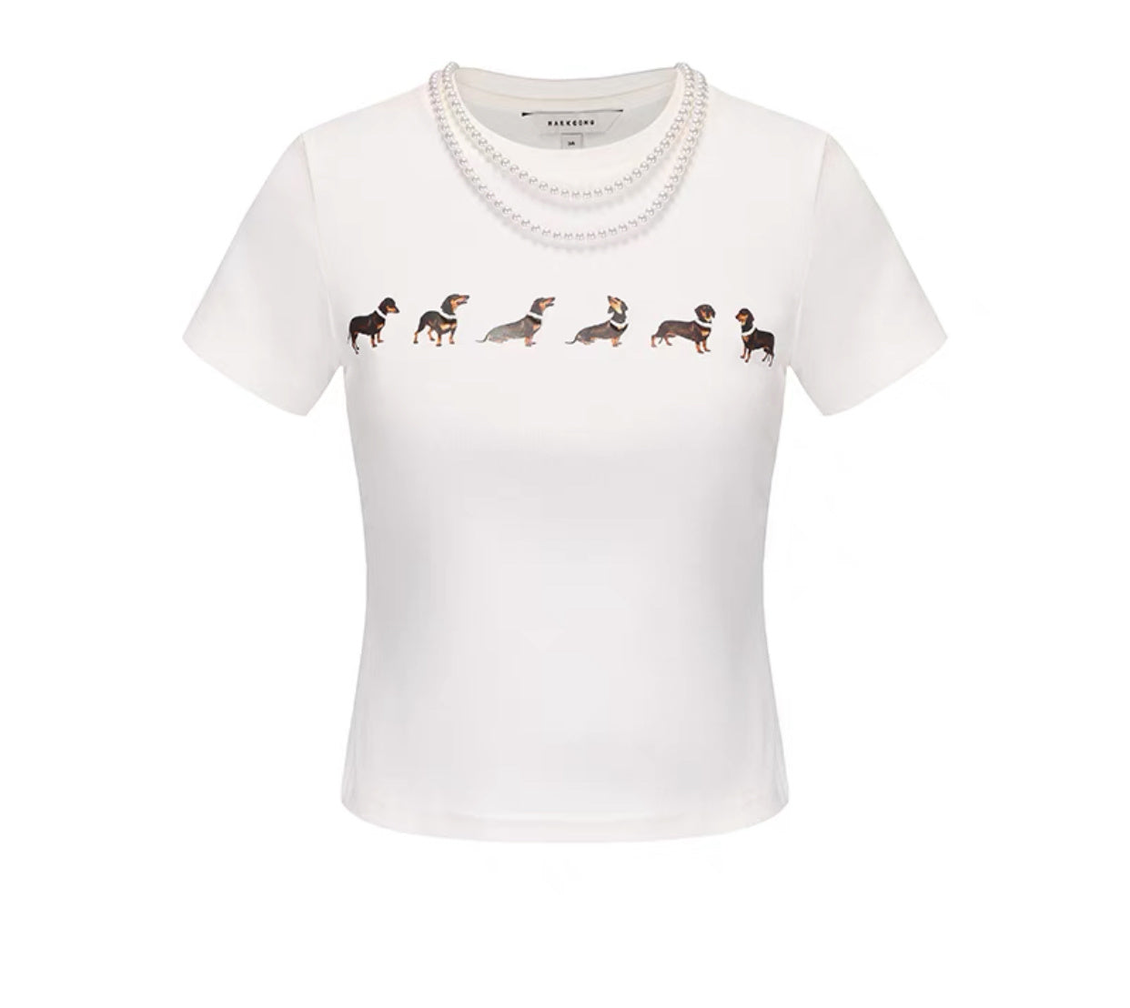 MARKGONG Pearl Necklace Dachshund Stretch T-Shirt
