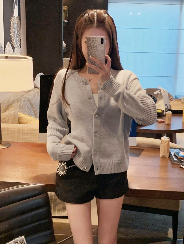 Custom Star-Shaped Rhinestone Button Knit Cardigan